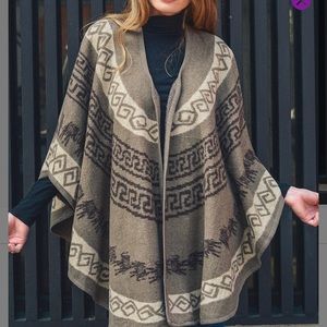 Leto collection mocha and tan geometric curved hem Ruana. One size fits most.